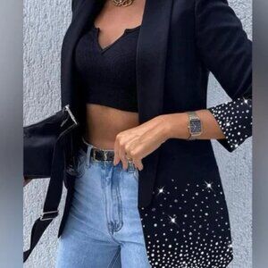 Rhinestone Decor Shawl Collar Blazer/Jacket